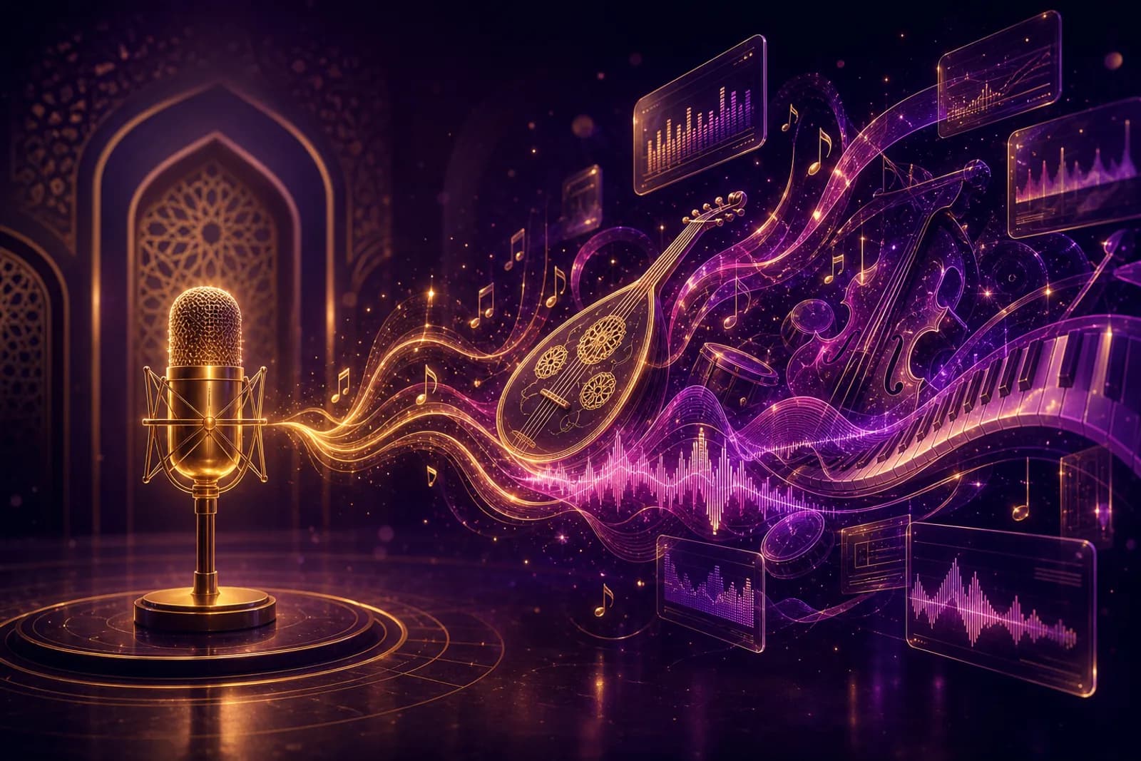 A golden microphone whose single hummed line blossoms into a full arrangement with an oud, piano, and violet sound waves