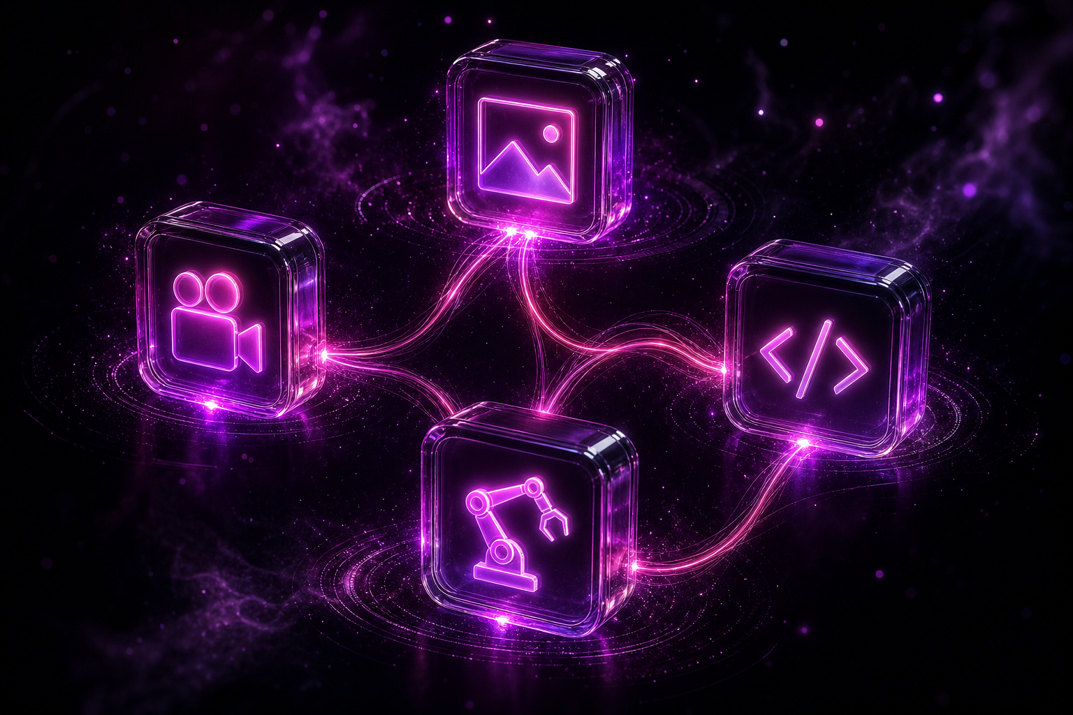 أربع وحدات زجاجية بألوان نيون تربطها خيوط ضوئية تمثّل عائلة نماذج FLUX 3