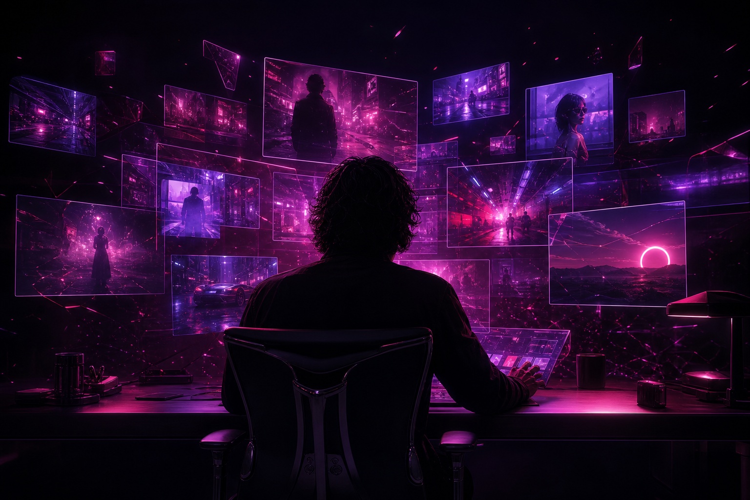 ظلّ مخرج يجلس أمام لوحات فيديو معلّقة تعرض مشاهد متعددة بألوان نيون